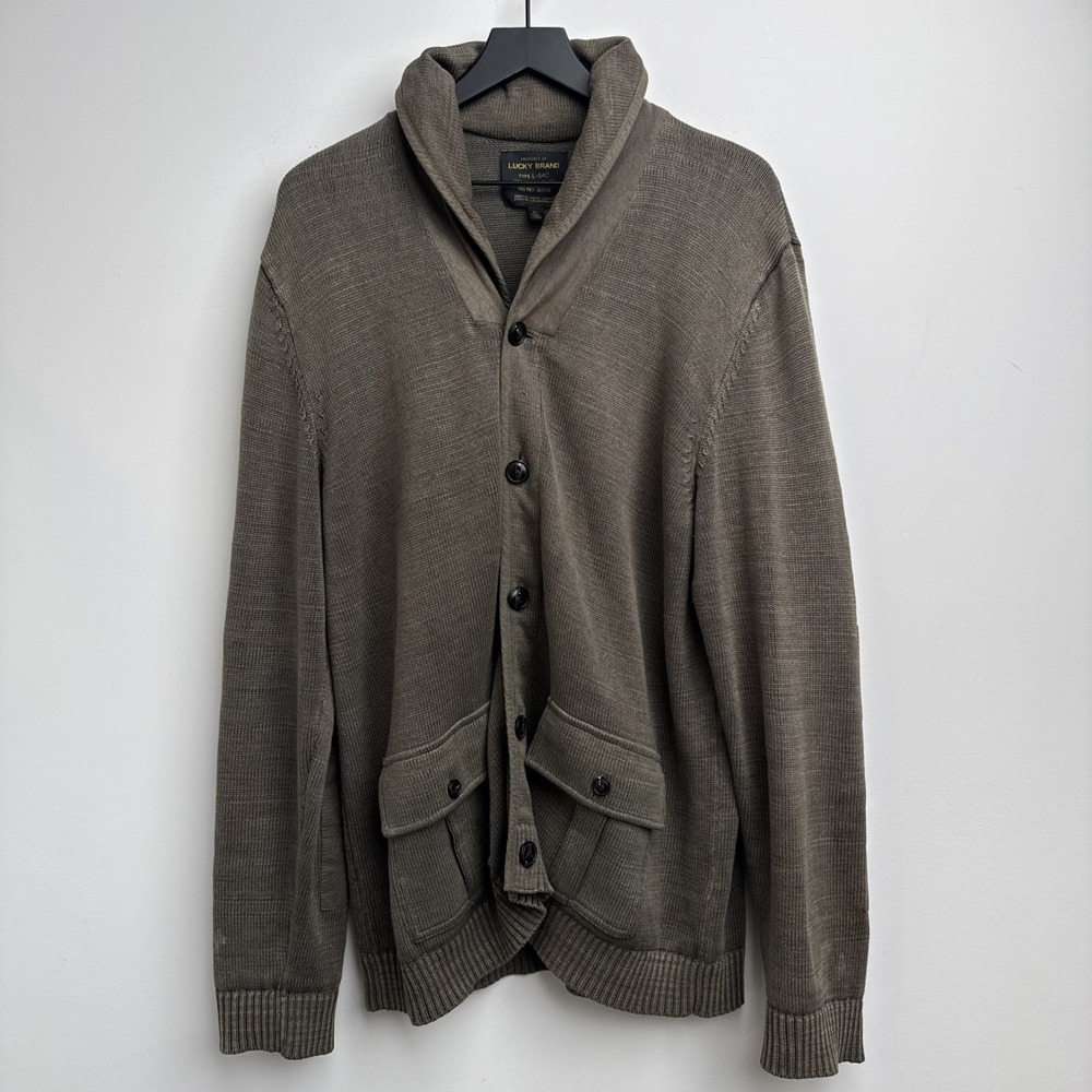 Lucky Brand Cardigan Jacket Mens XL Green Shawl Collar Military Type‎ L-54C Knit